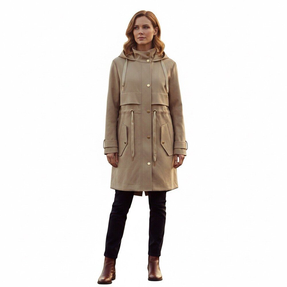 Sandro Paris Orlane Jacket 2 Womens Khaki Tan Hooded Parka Gold Buttons 34